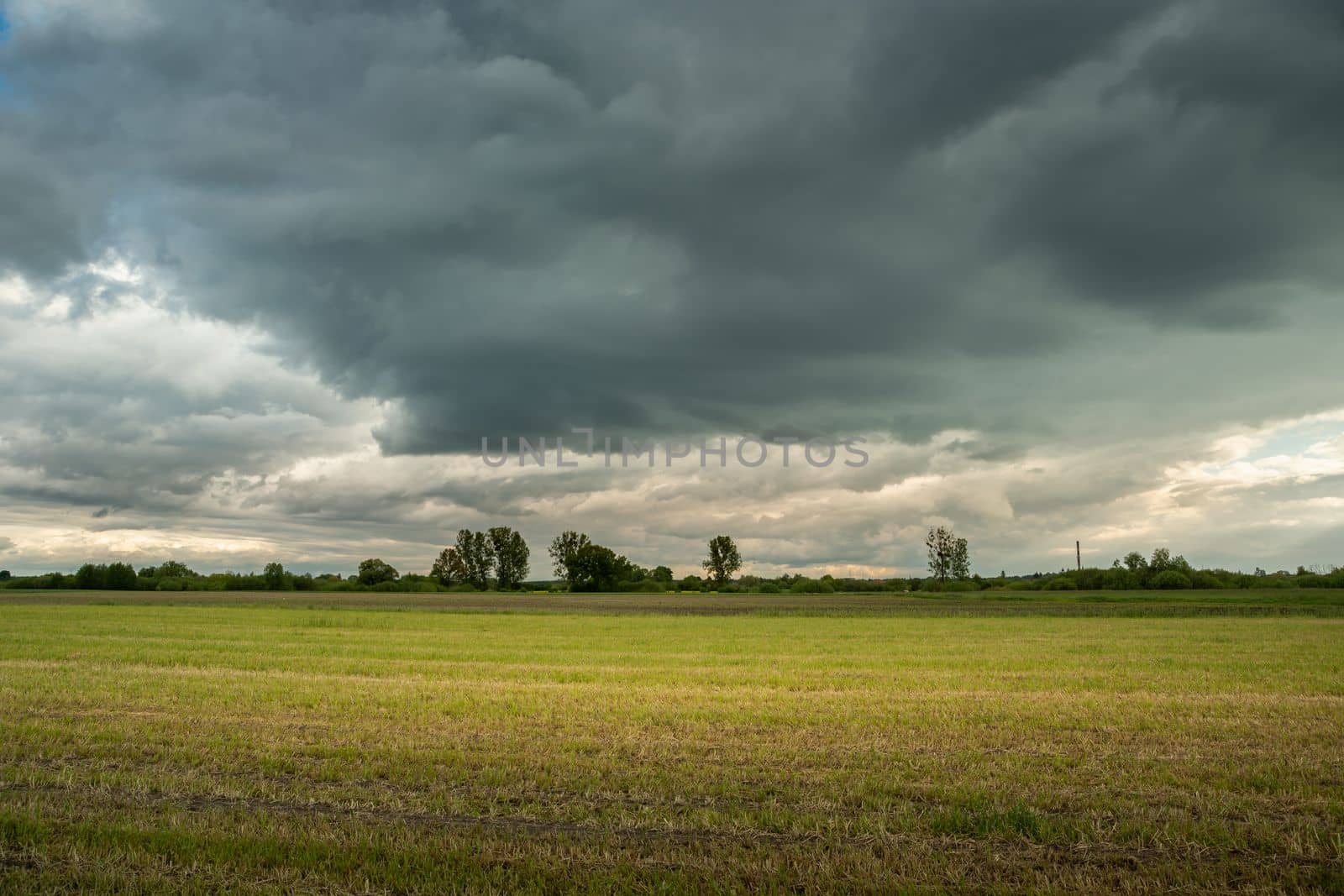A stubble field and rainy clouds on the sky, Nowiny, Poland