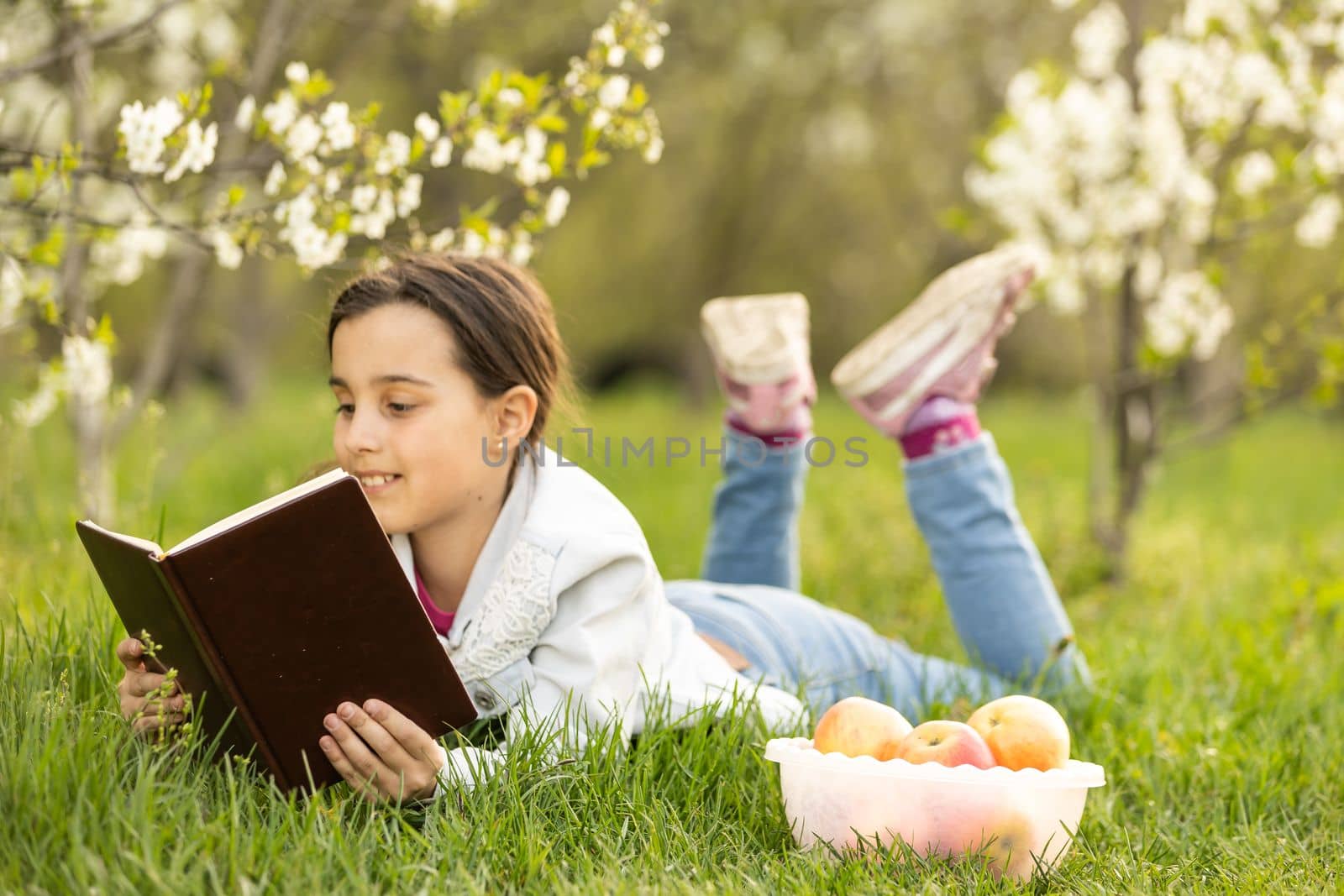 little girl with a bible in the garden, praying, dreaming outdoors