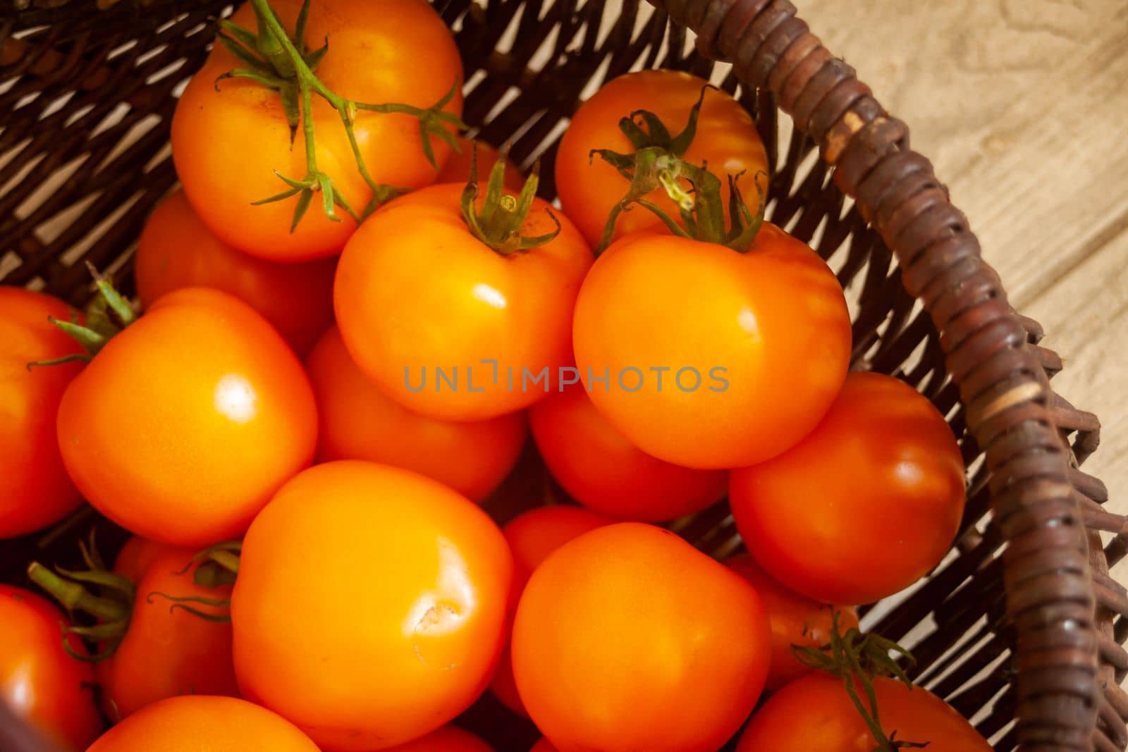 Fresh orange tomatoes in a wicker basket