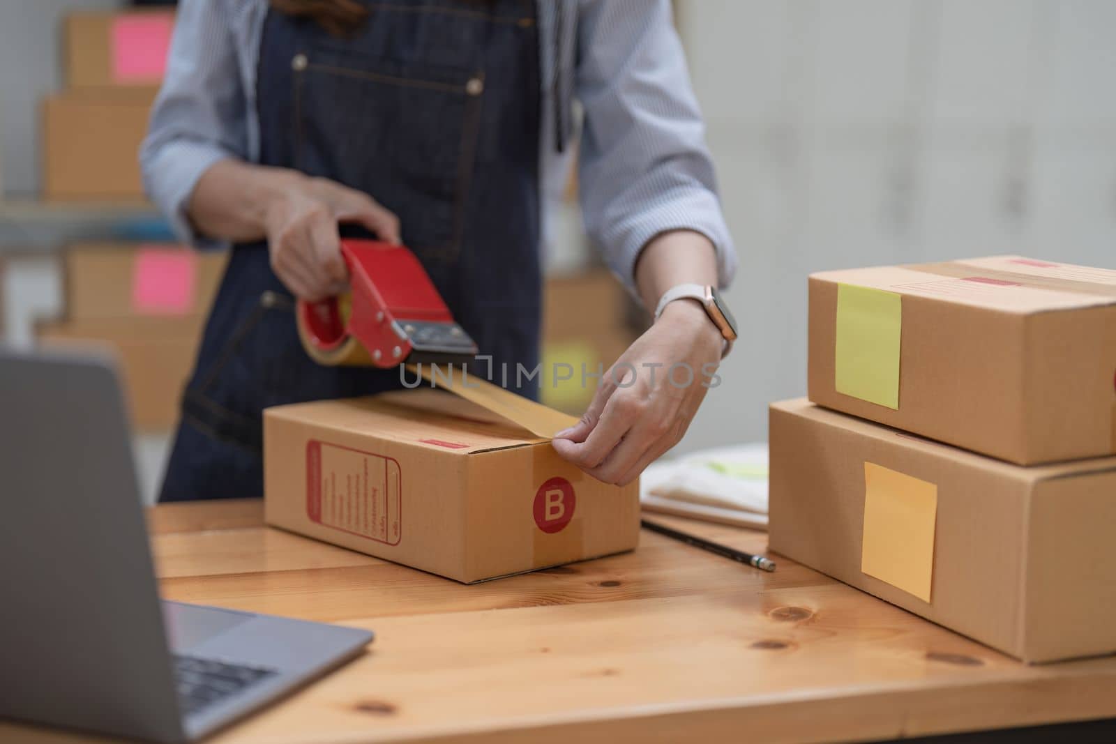 Startup small business, Young woman working freelance and packing box delivery products to customers, Ordered online.