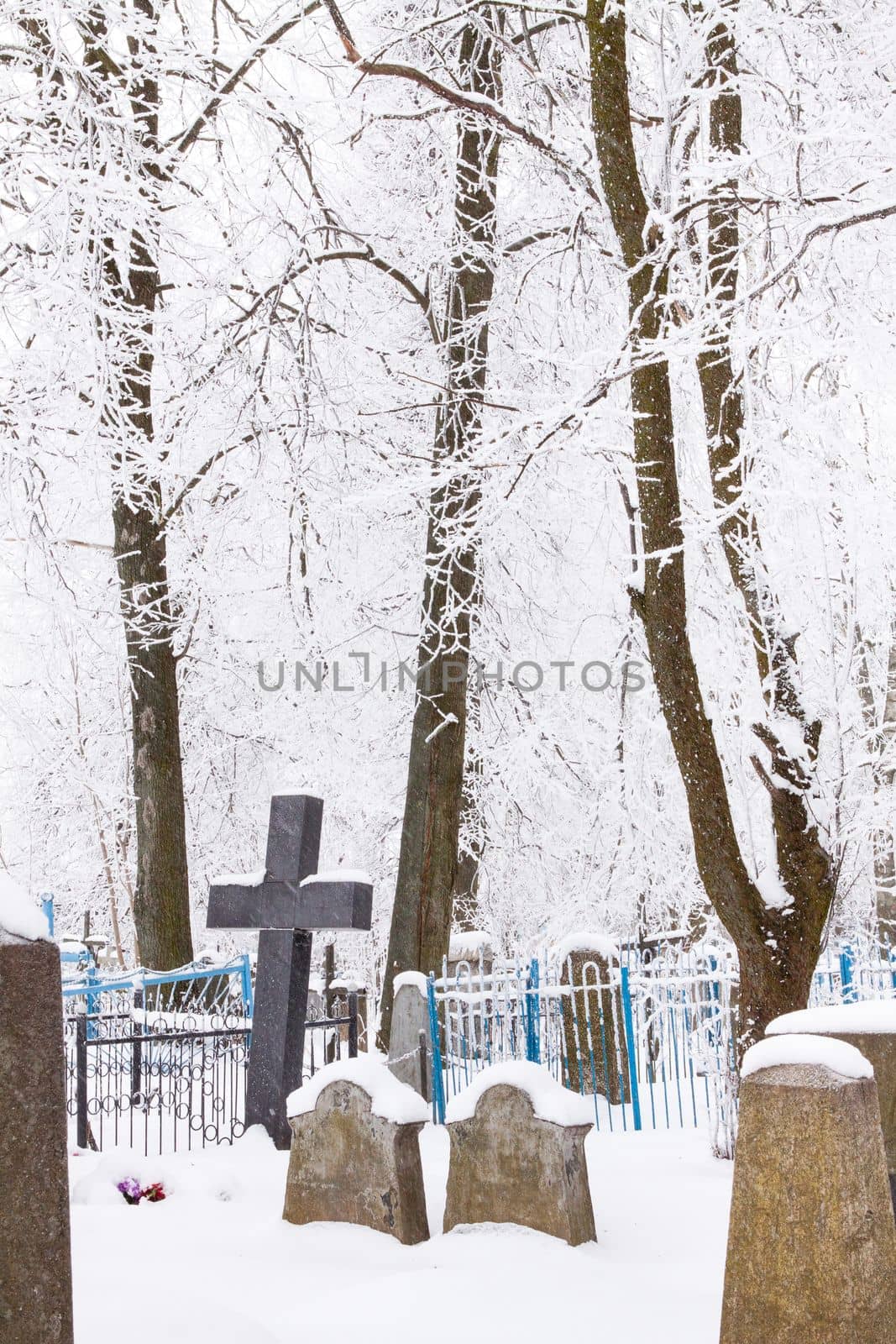 Cemetery in winter under the snow. Cemetery in the snow cover.