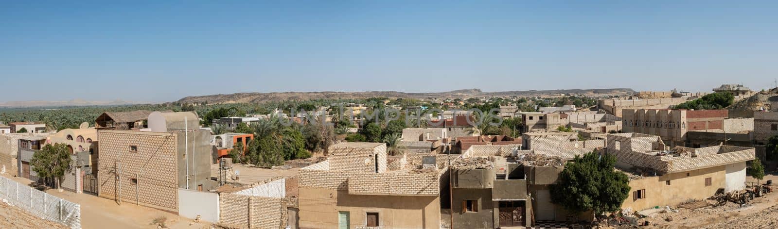 Panoramic view over remote african egyptian town with oasis and large date palm farm plantation