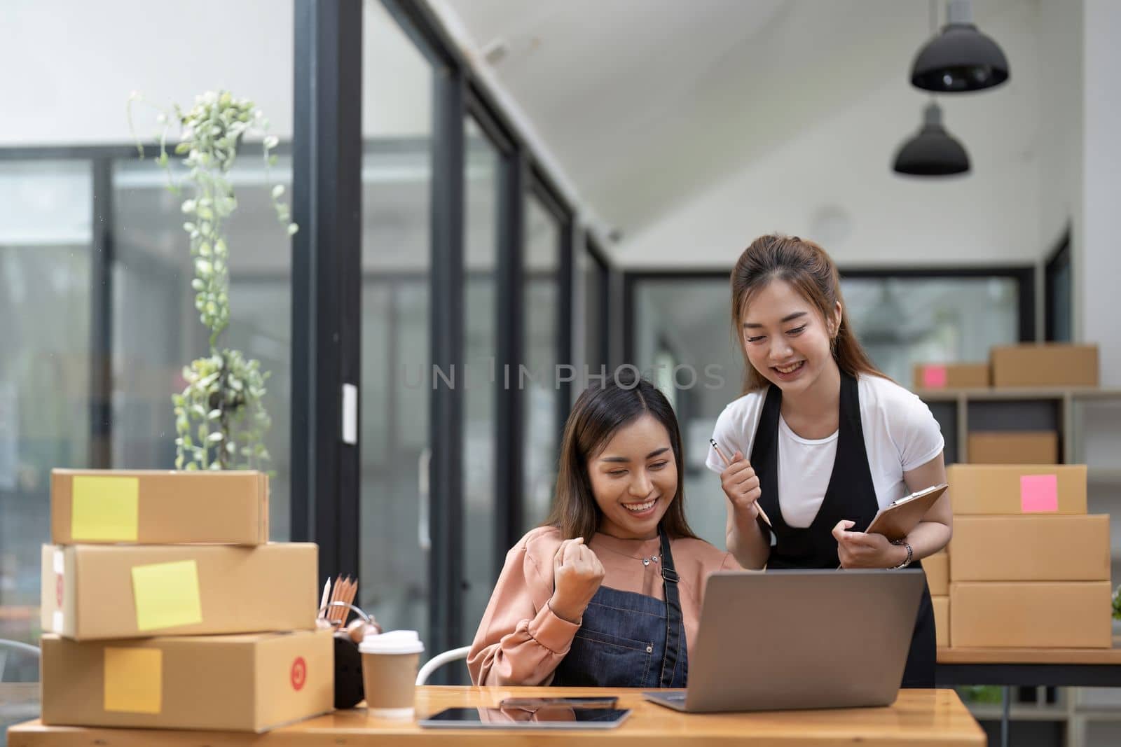 Happy two asian women entrepreneur, Smile for sales success after checking order from online shopping store in a smartphone at home office, Concept of merchant business online and eCommerce by nateemee