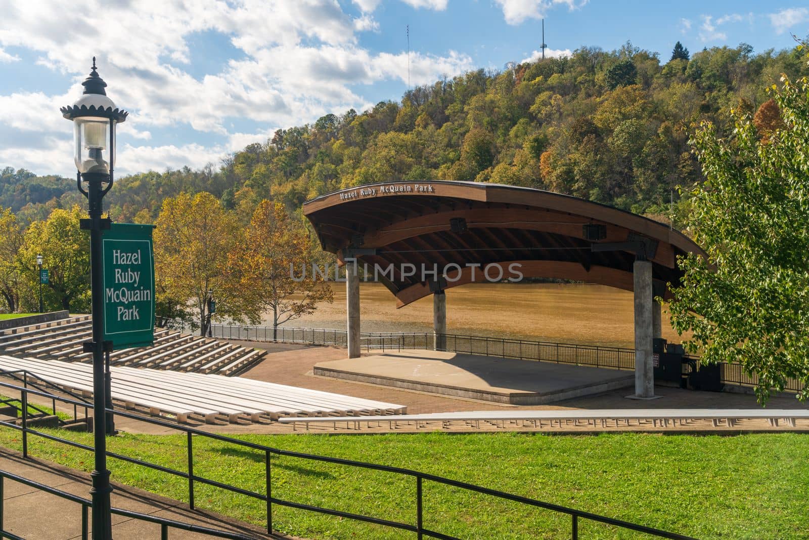 Morgantown, WV - 23 October 2016: Hazel Ruby McQuain park and stage by the river in West Virginia