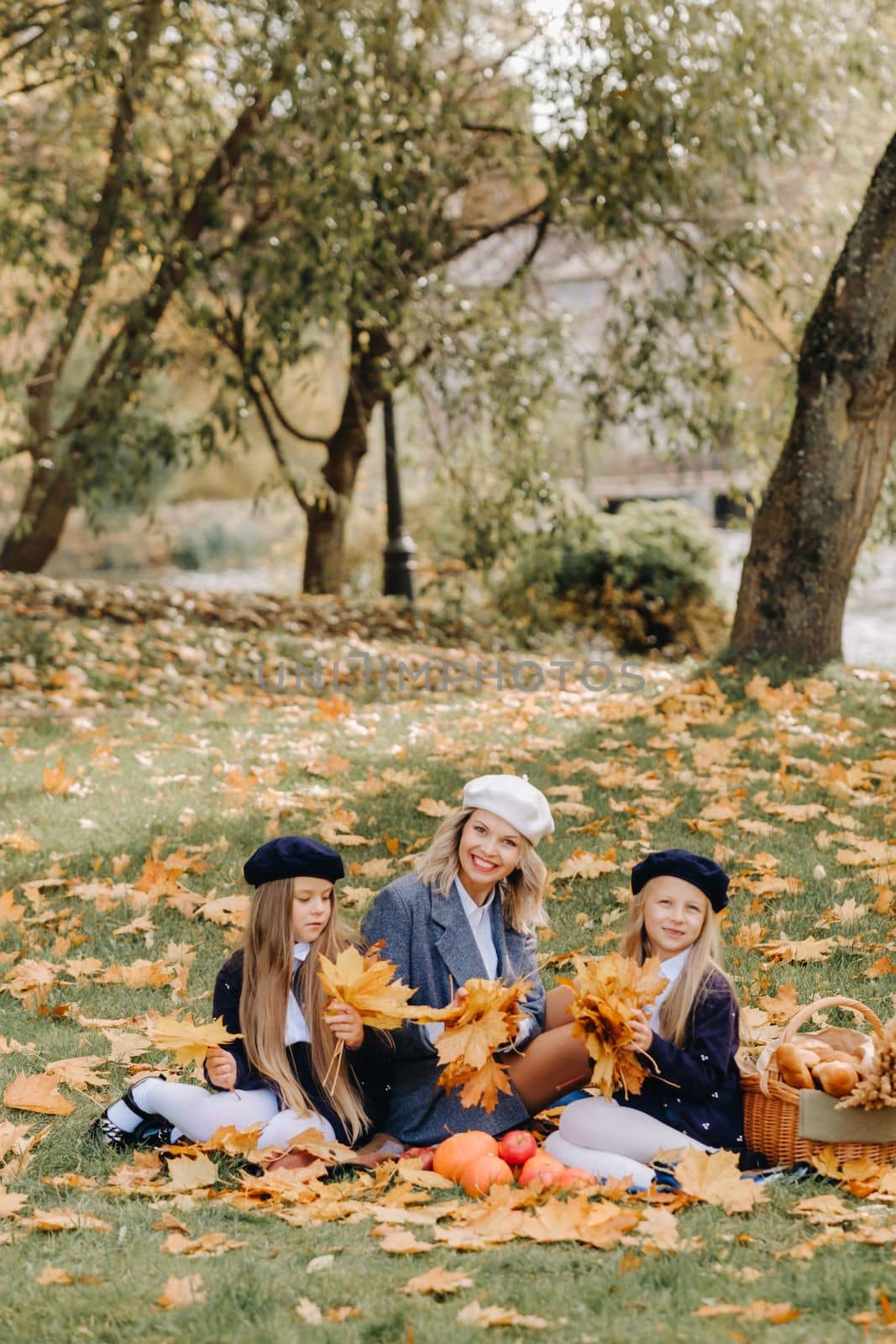 A big family on a picnic in the fall in a nature park. Happy people in the autumn park by Lobachad