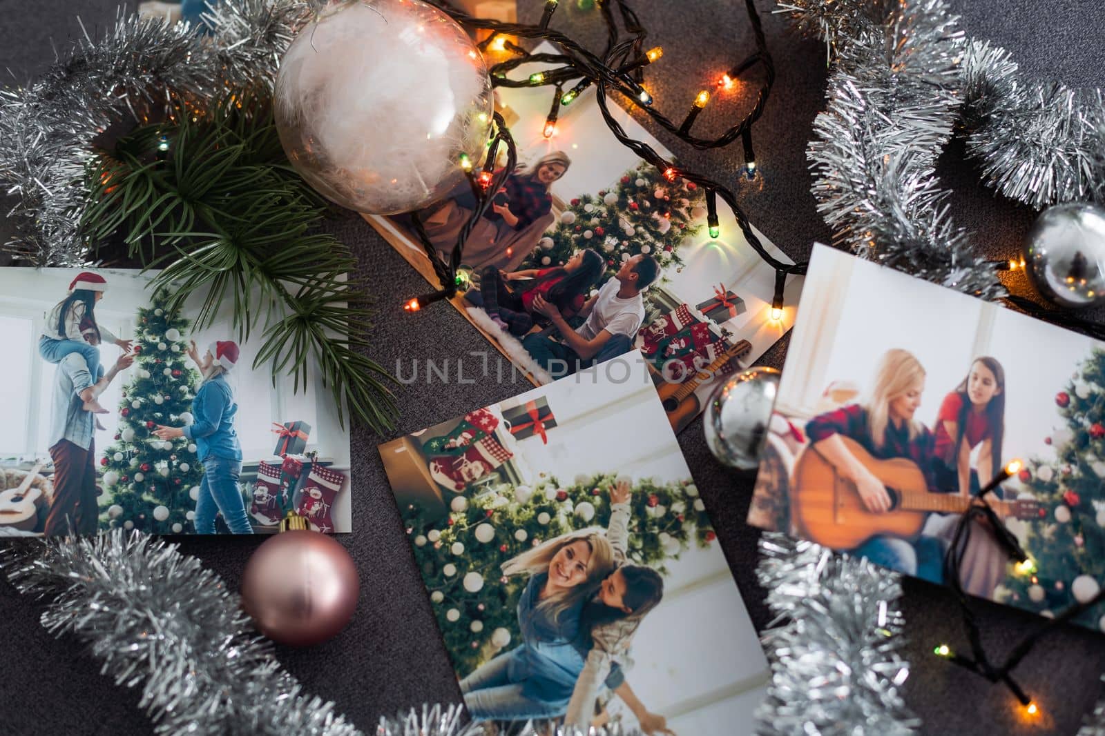 Photos of family against Christmas lights decor background.