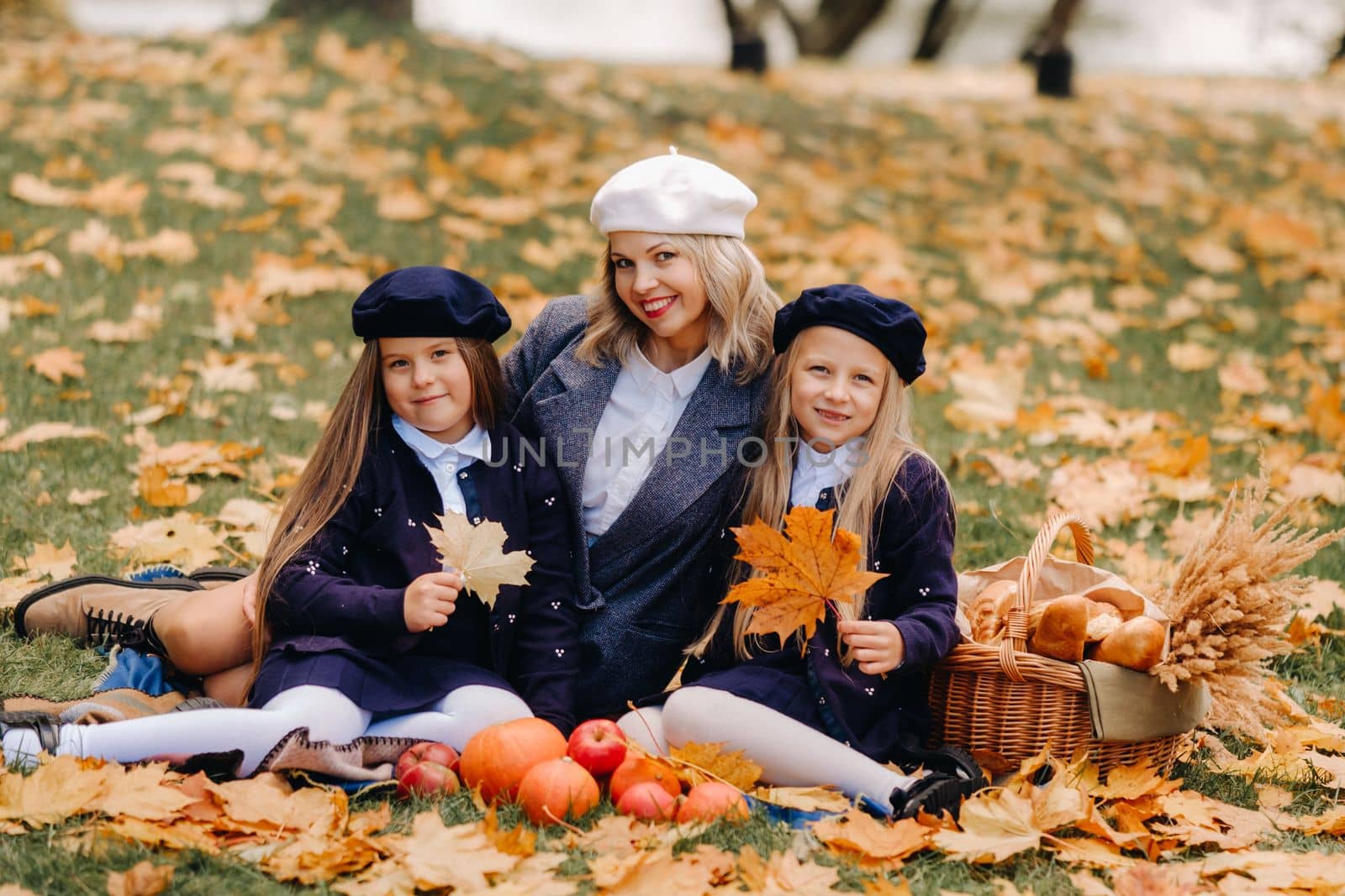 A big family on a picnic in the fall in a nature park. Happy people in the autumn park.