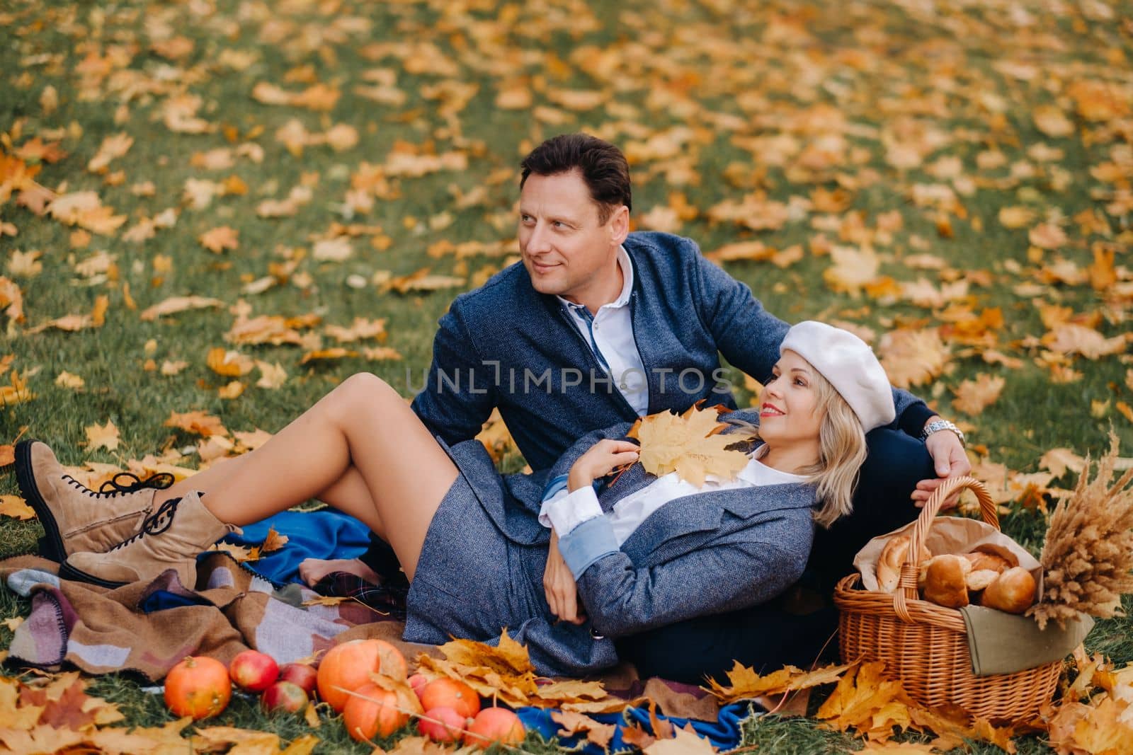 Happy couple enjoying golden autumn spring season in the park by Lobachad