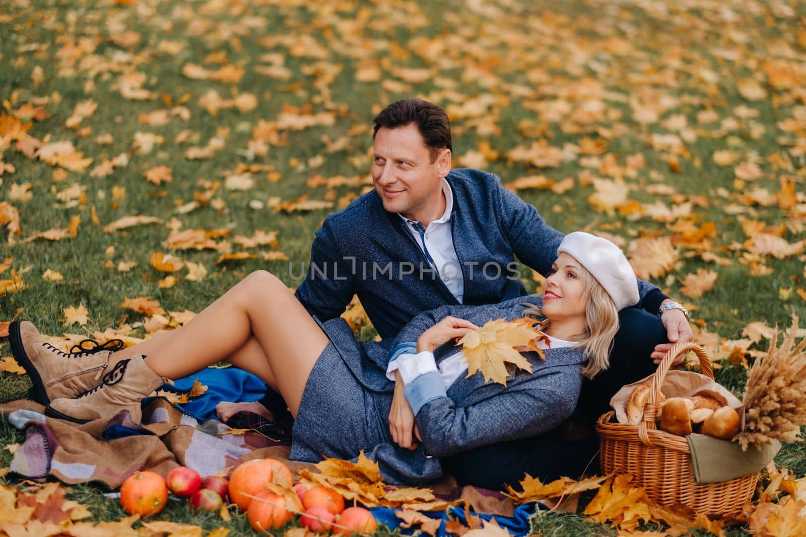 Happy couple enjoying golden autumn spring season in the park by Lobachad