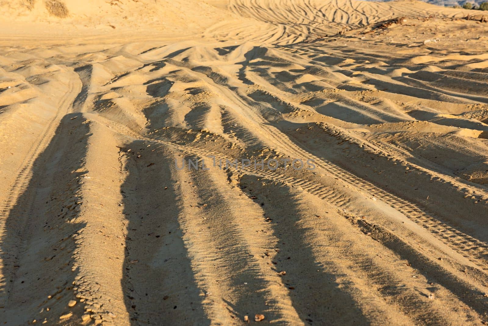Barren desert landscape with vehicle tracks in sand dunes by paulvinten