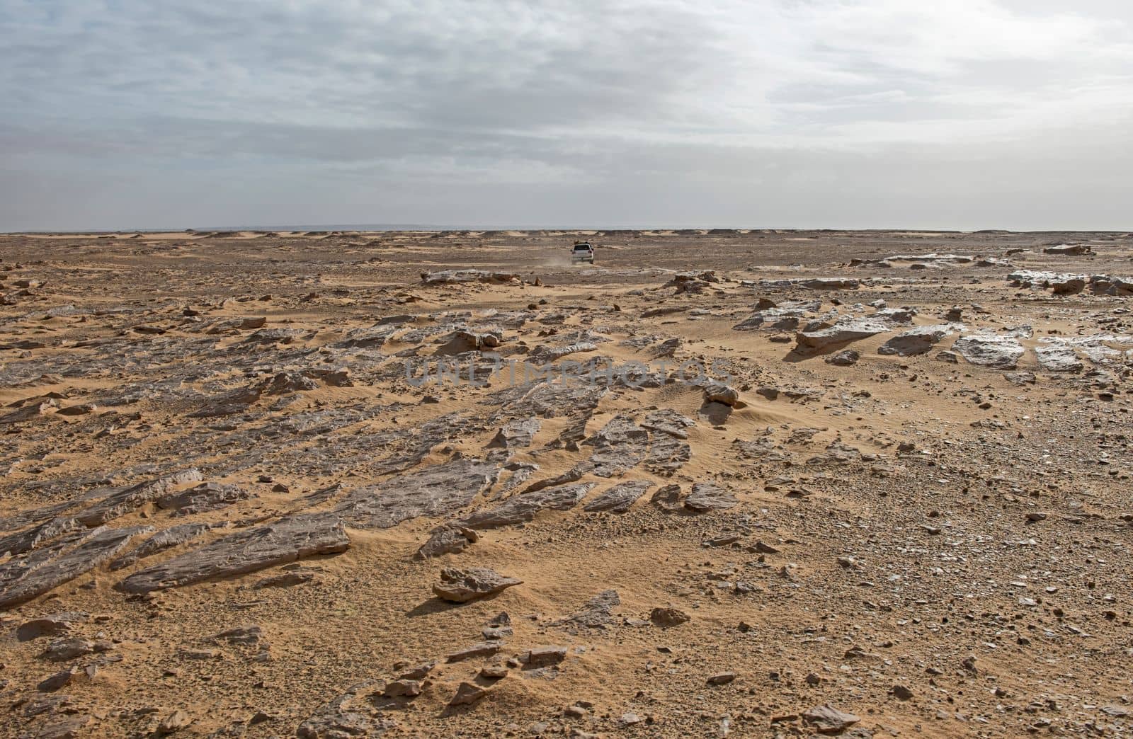 Landscape scenic view of desolate barren western desert in Egypt with rocky vista and off-road vehicle