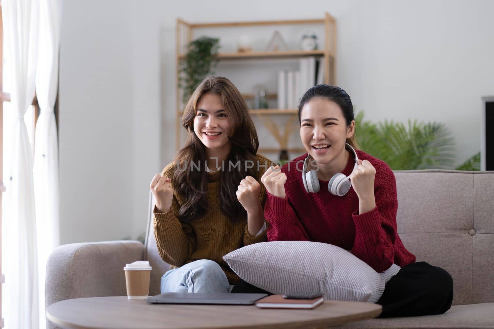 Two Young womanWatching TV Shaking Fists In Joy Celebrating Victory Of Favorite Sport Team Sitting On Couch In Living Room At Home. Weekend Leisure, Television Show And Entertainment Concept.