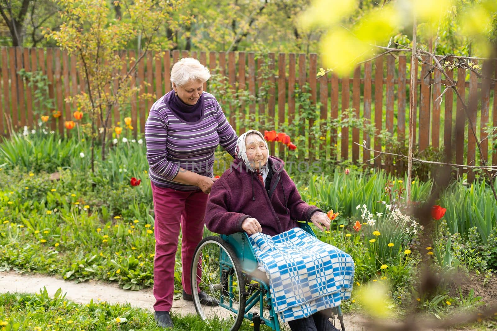 Disabled senior woman and nurse in park by Andelov13