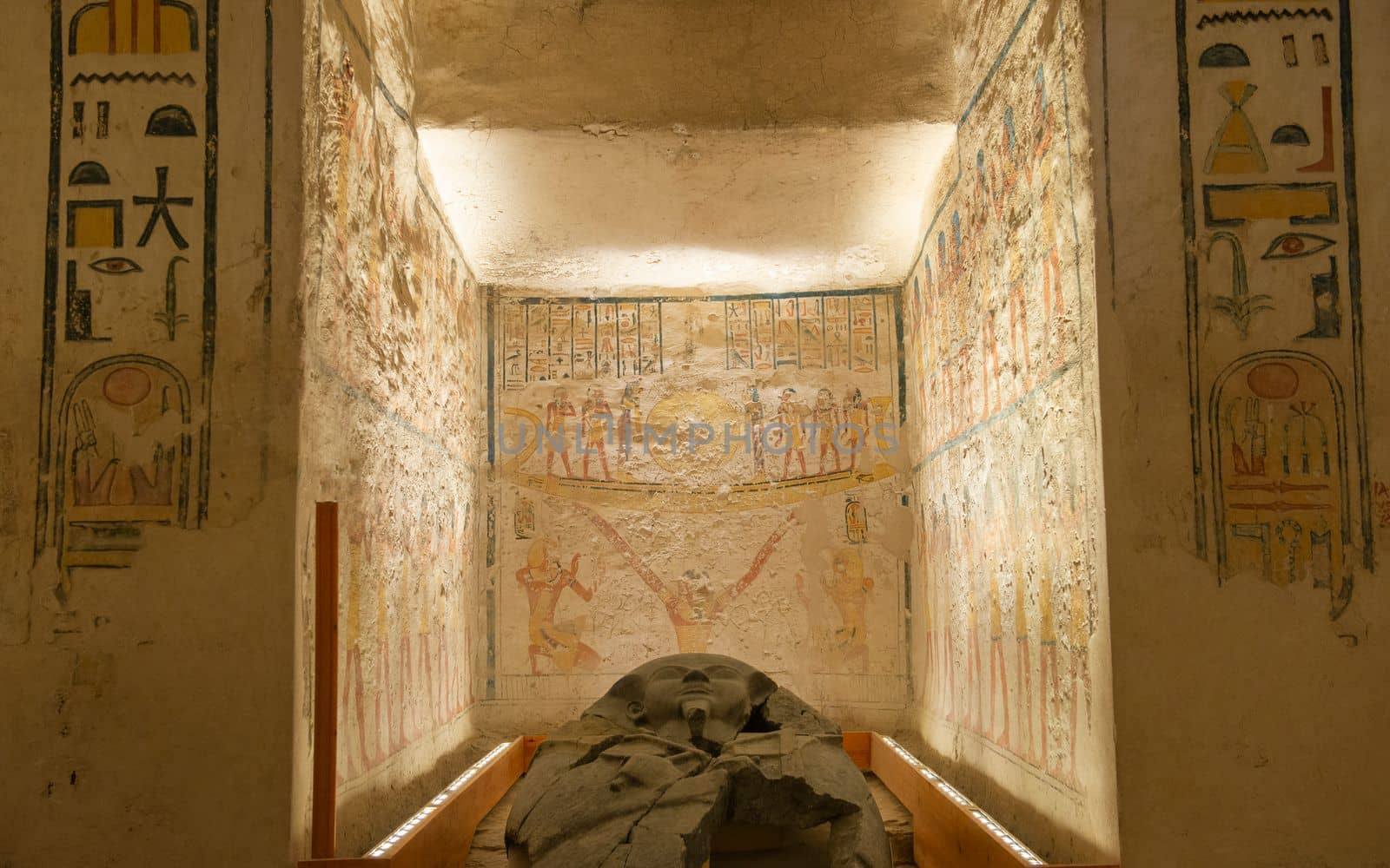 Burial chamber of ramses V with hieroglypic carvings on wall at the ancient egyptian tomb in Luxor valley of the kings
