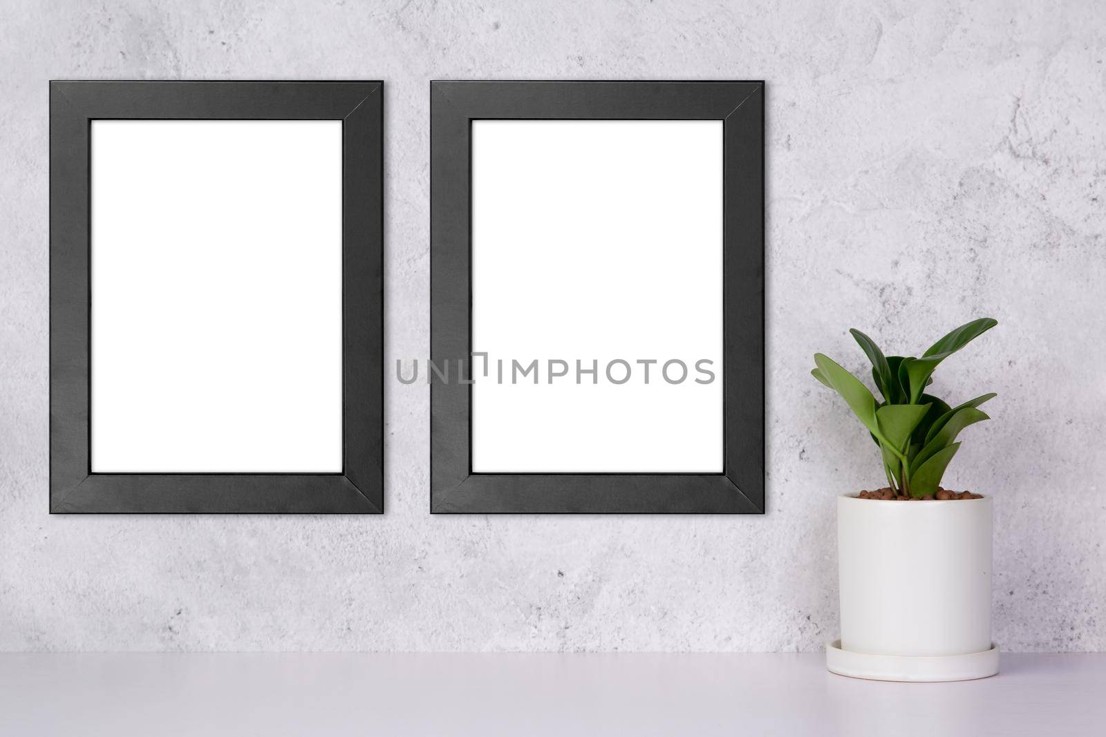 Mockup black frame vertical on the wall and plants in pot on table top at home, mock up poster for presentation on desk, your design for gallery photo and picture, border template for advertising. by nnudoo