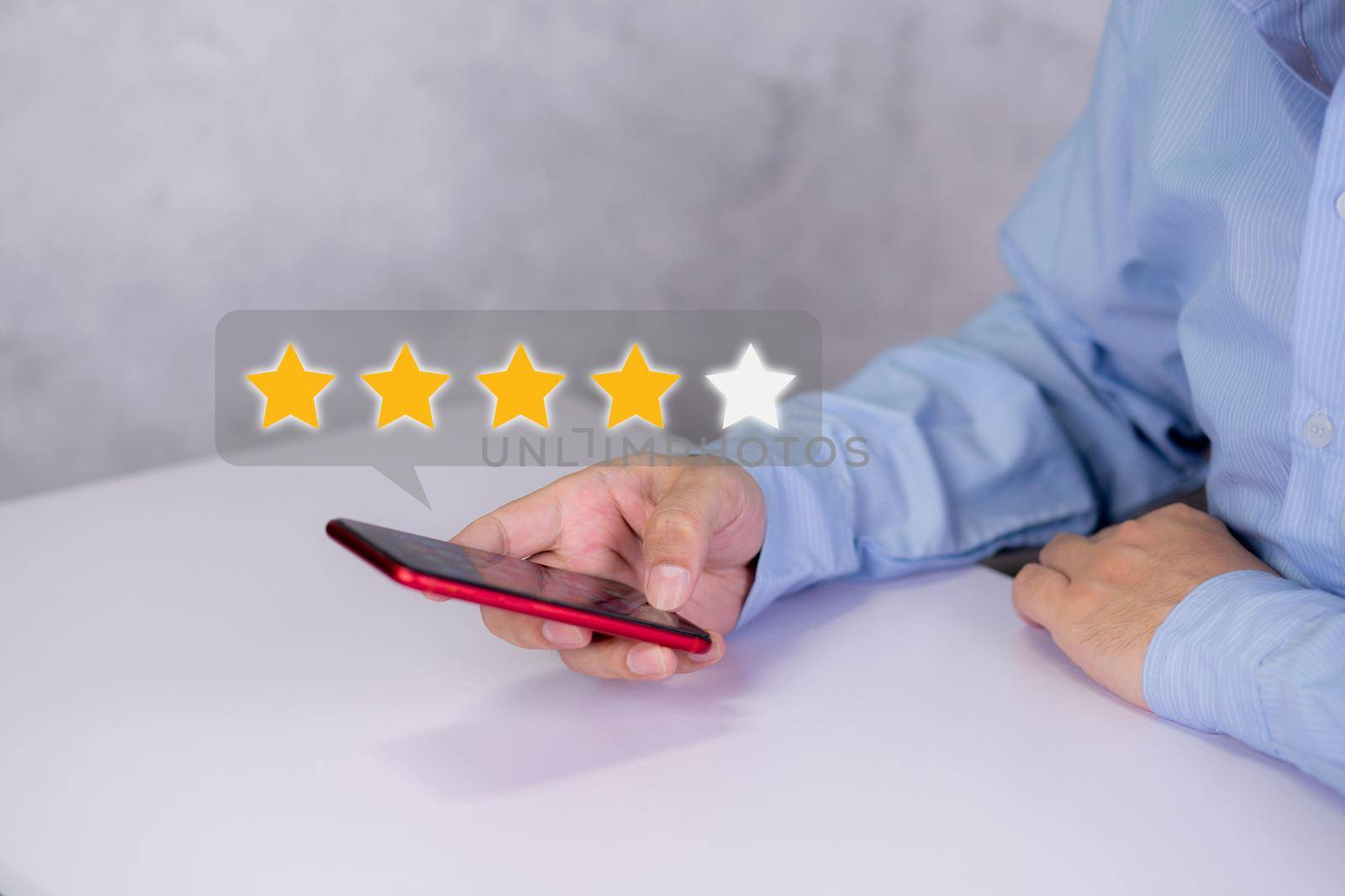 Customer holding phone and pressing star icon for vote score review and feedback with quality and satisfaction, success of digital marketing with result excellent for ranking of service.