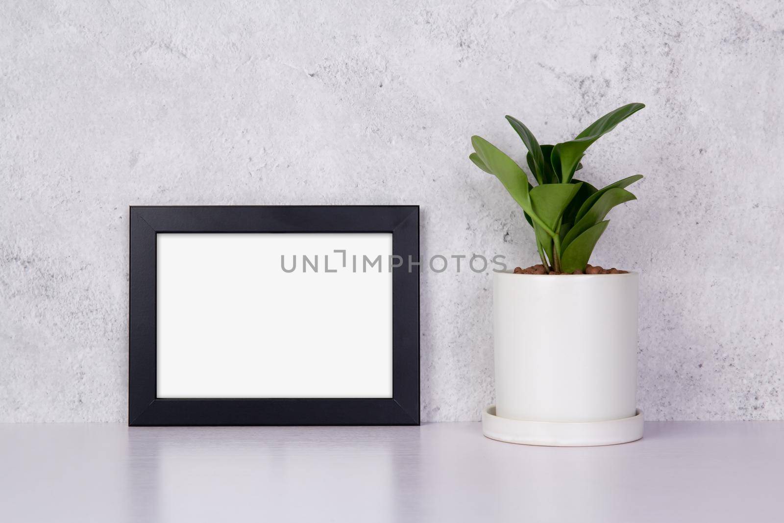 Mockup black frame horizontal and plants in pot on table top at home, mock up poster for presentation, your design for gallery photo and picture, border template and decoration for advertising. by nnudoo