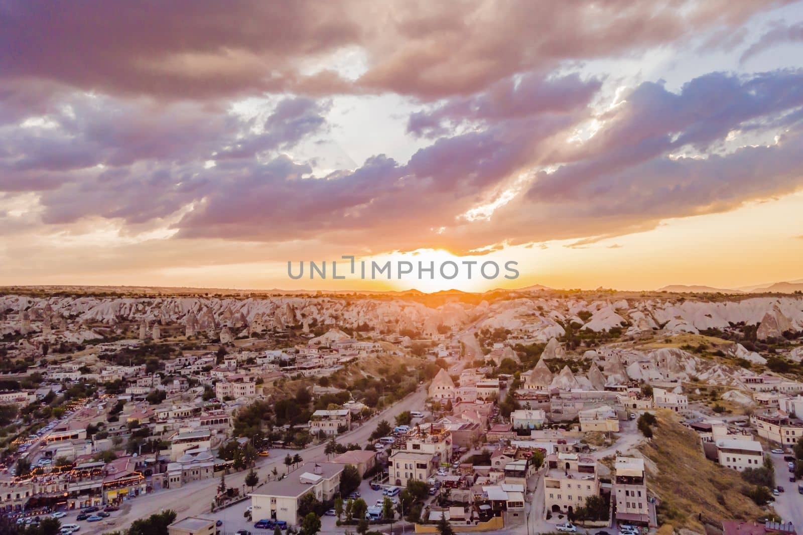 Beautiful stunning view of the mountains of Cappadocia and cave houses. Turkey.