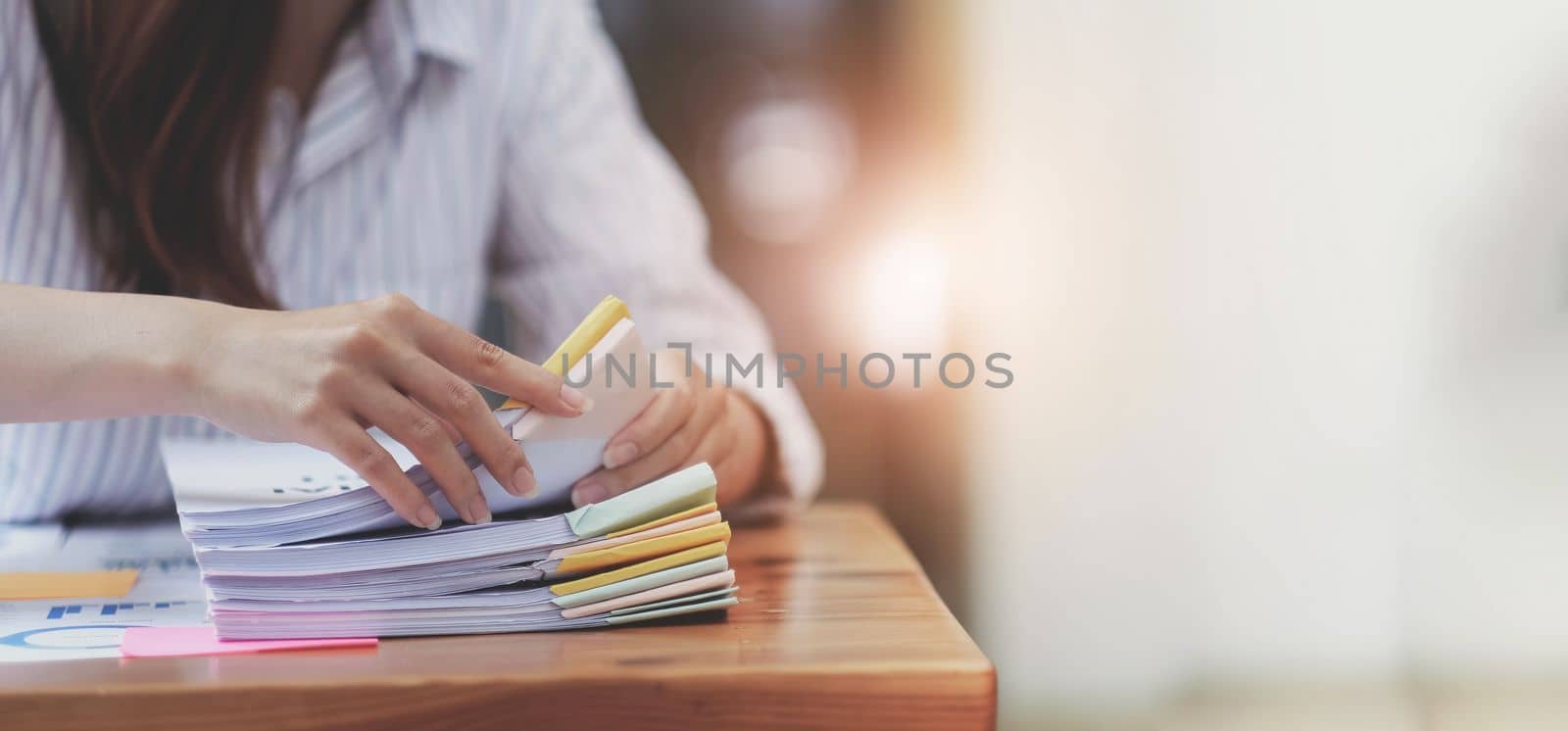 Business Documents, Auditor businesswoman checking searching document legal prepare paperwork or report for analysis TAX time,accountant Documents data contract partner deal in workplace office.