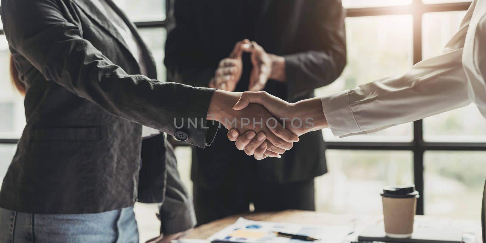 Business people shaking hands, finishing up meeting, business etiquette, congratulation, merger and acquisition concept by wichayada