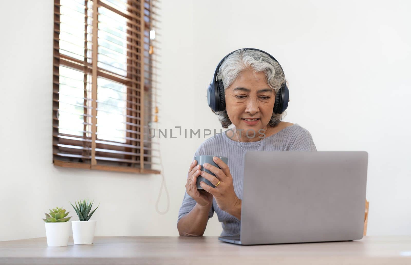 Senior woman using laptop while wearing headphones at home - Joyful elderly lifestyle and technology concept.