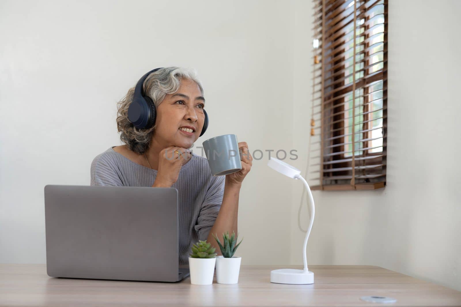 Senior woman using laptop while wearing headphones at home - Joyful elderly lifestyle and technology concept.