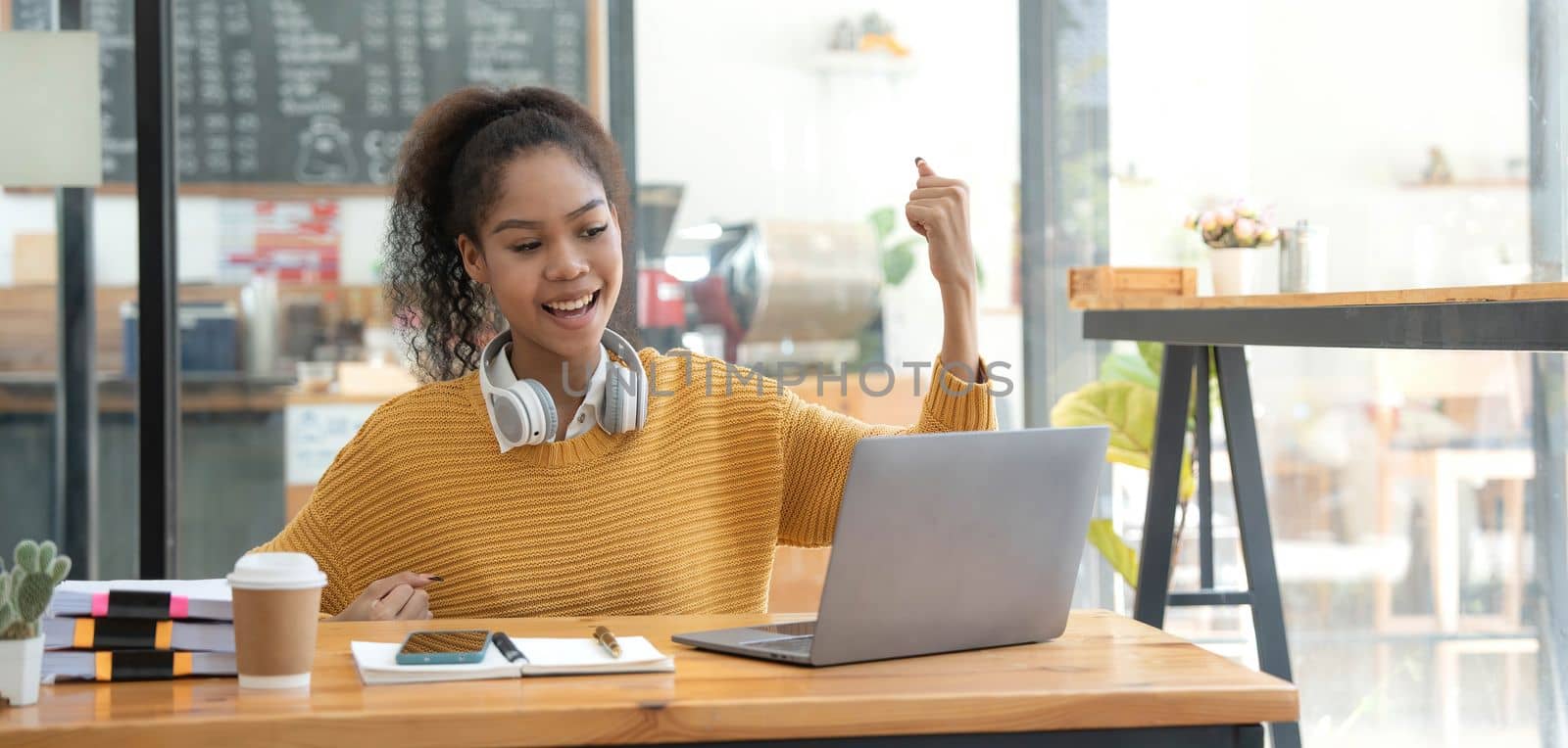 Asian woman celebrate with laptop, success happy pose. E-commerce, University education, internet Technology, or startup small business concept. Modern office or living room with copy space.