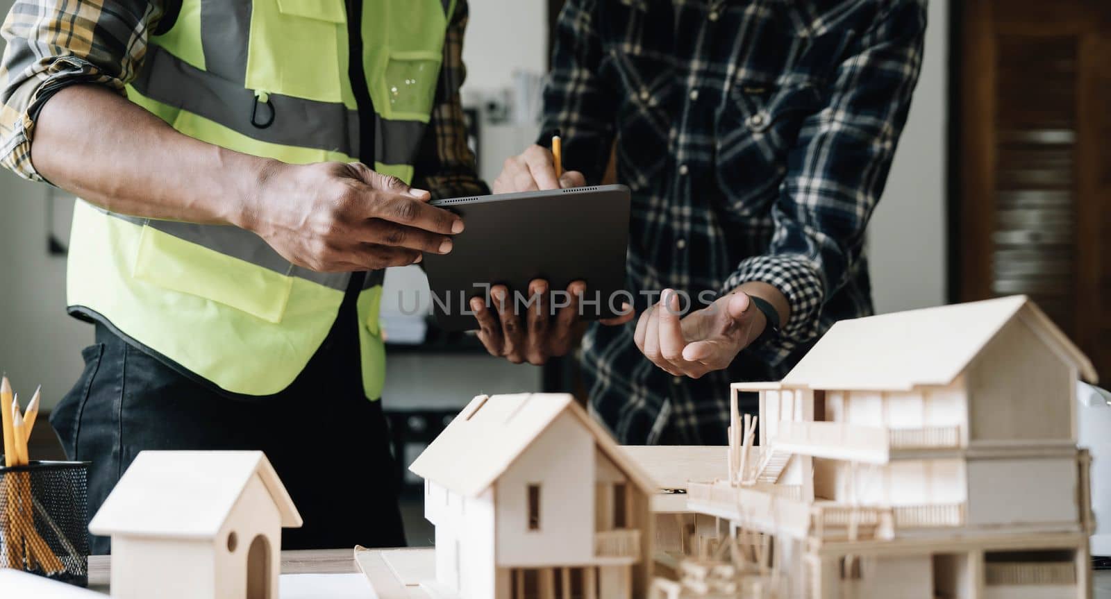 Engineer Teamwork Meeting, Drawing working on blueprint meeting for project working with partner on model building and engineering tools in working site, Construction and structure concept..