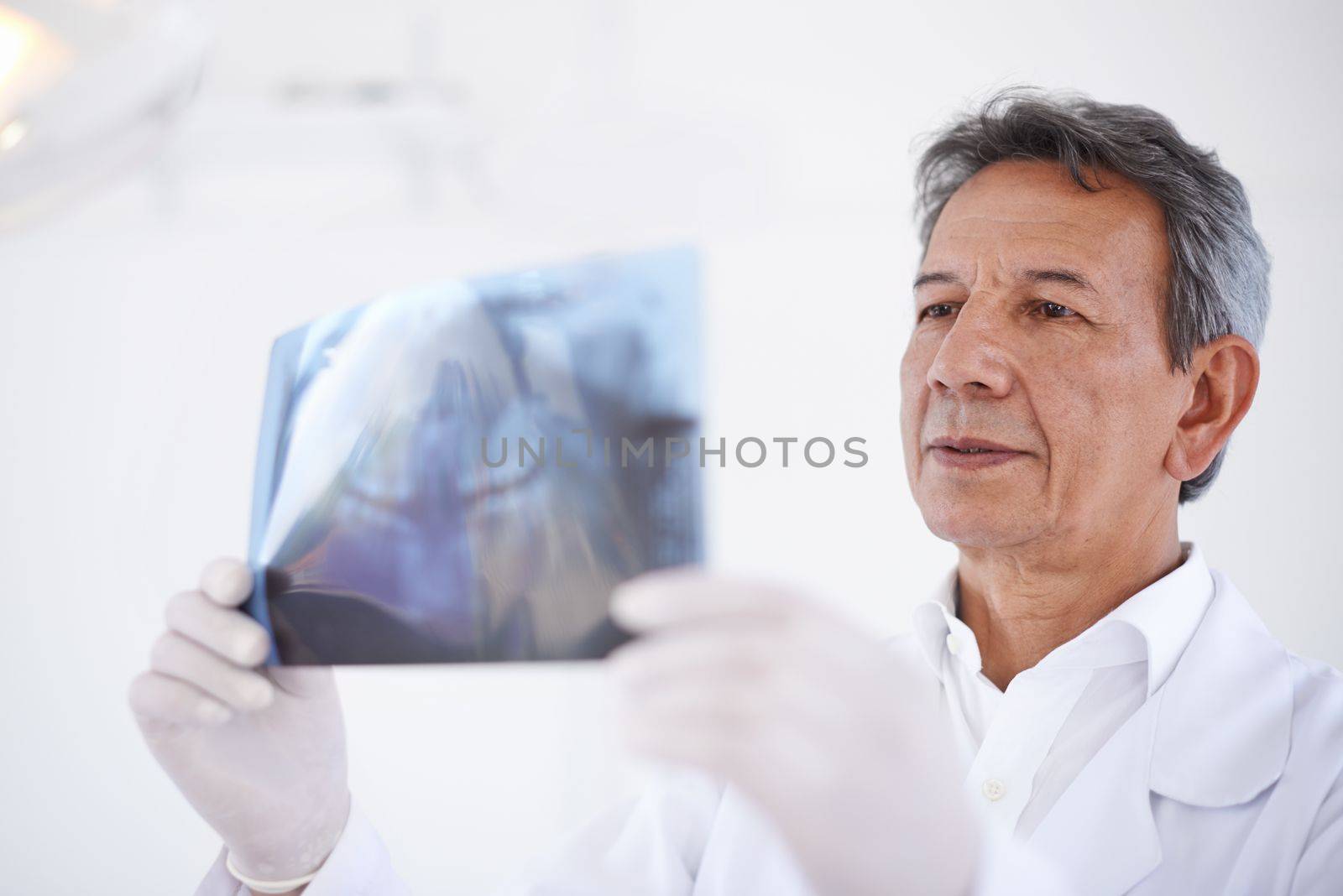 Getting a closer look. a dentist looking at an xray
