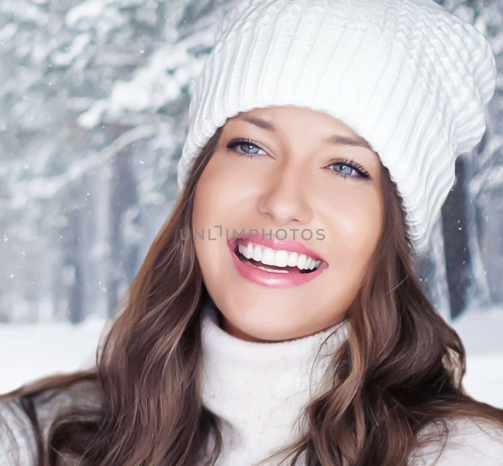 Winter holiday travel, lifestyle and fashion, beautiful happy woman and snowy forest, nature, ski resort and leisure activity outdoors Christmas, New Year and holidays portrait by Anneleven