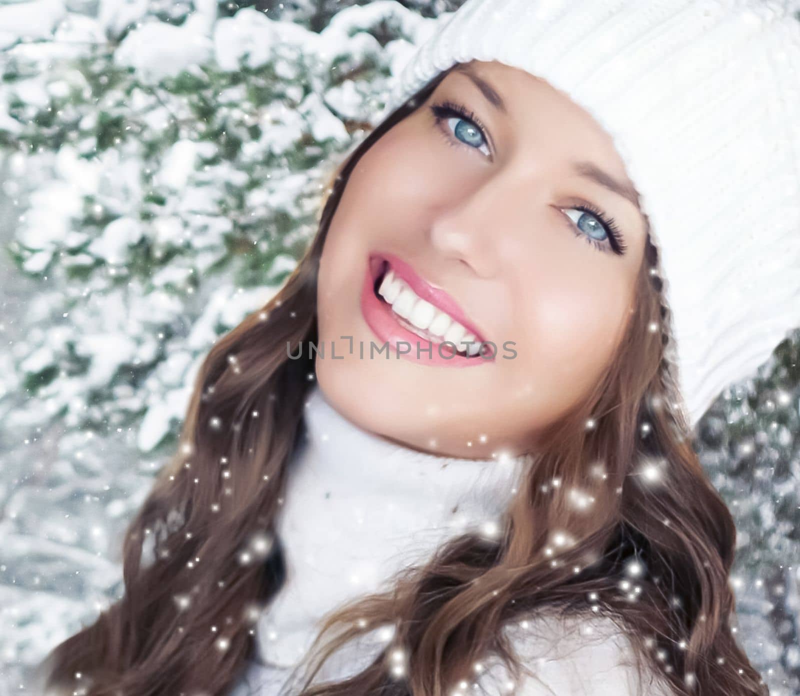 Winter holiday travel, lifestyle and fashion, beautiful happy woman and snowy forest, nature, ski resort and leisure activity outdoors Christmas, New Year and holidays portrait by Anneleven