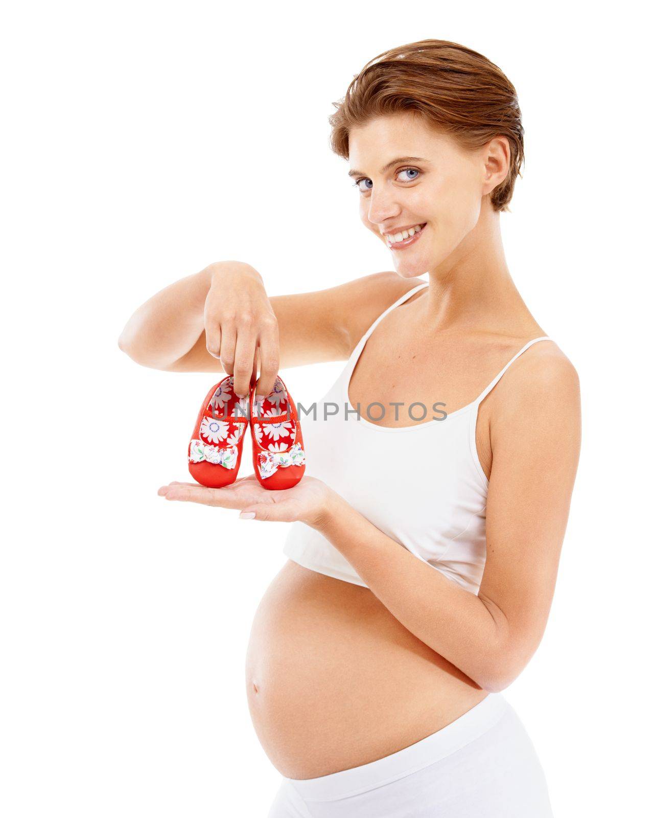 Baby shoes, pregnant woman and mother portrait with happy smile and pregnancy stomach. Young, healthy and happiness of a mom excited about clothing for babies and motherhood family care for child.