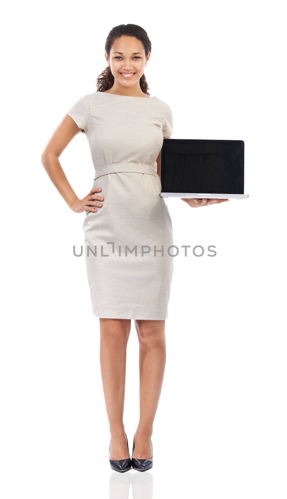 Portrait, laptop mockup and black woman with business, technology and corporate communication with internet. Email, networking and laptop screen with professional marketing for pc or company.