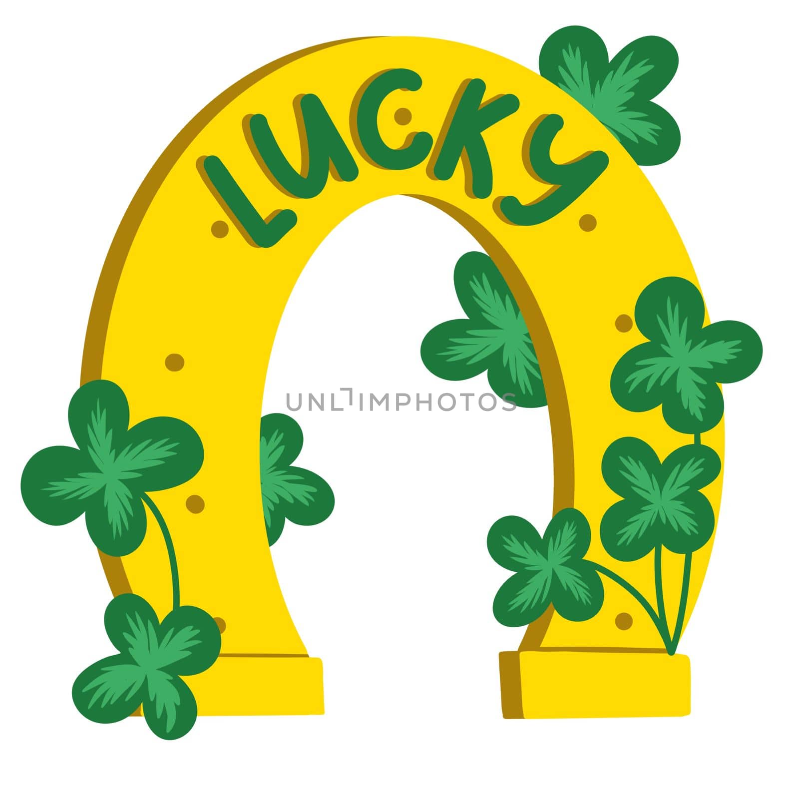 Hand drawn illustration of horseshoe with four leaf clover shamrock. St Patrick's Day Irish Ireland sign, lucky luck symbol. March celebration poster, celtic talisman design golden treasure. by Lagmar