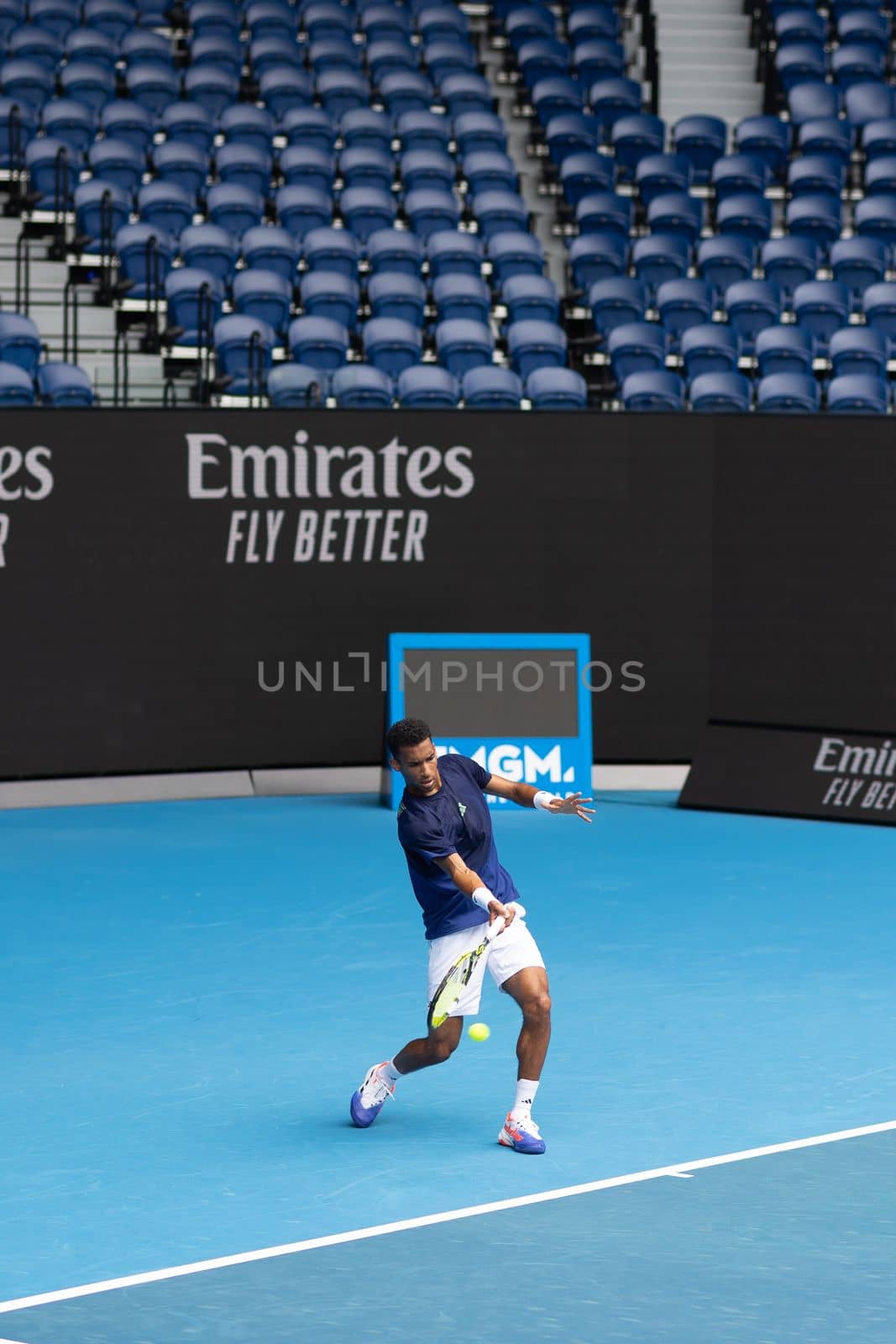 MELBOURNE, AUSTRALIA - JANUARY 13: Felix Auger-Aliassime of Canada practices ahead of the 2023 Australian Open at Melbourne Park on January 13, 2023 in Melbourne, Australia.