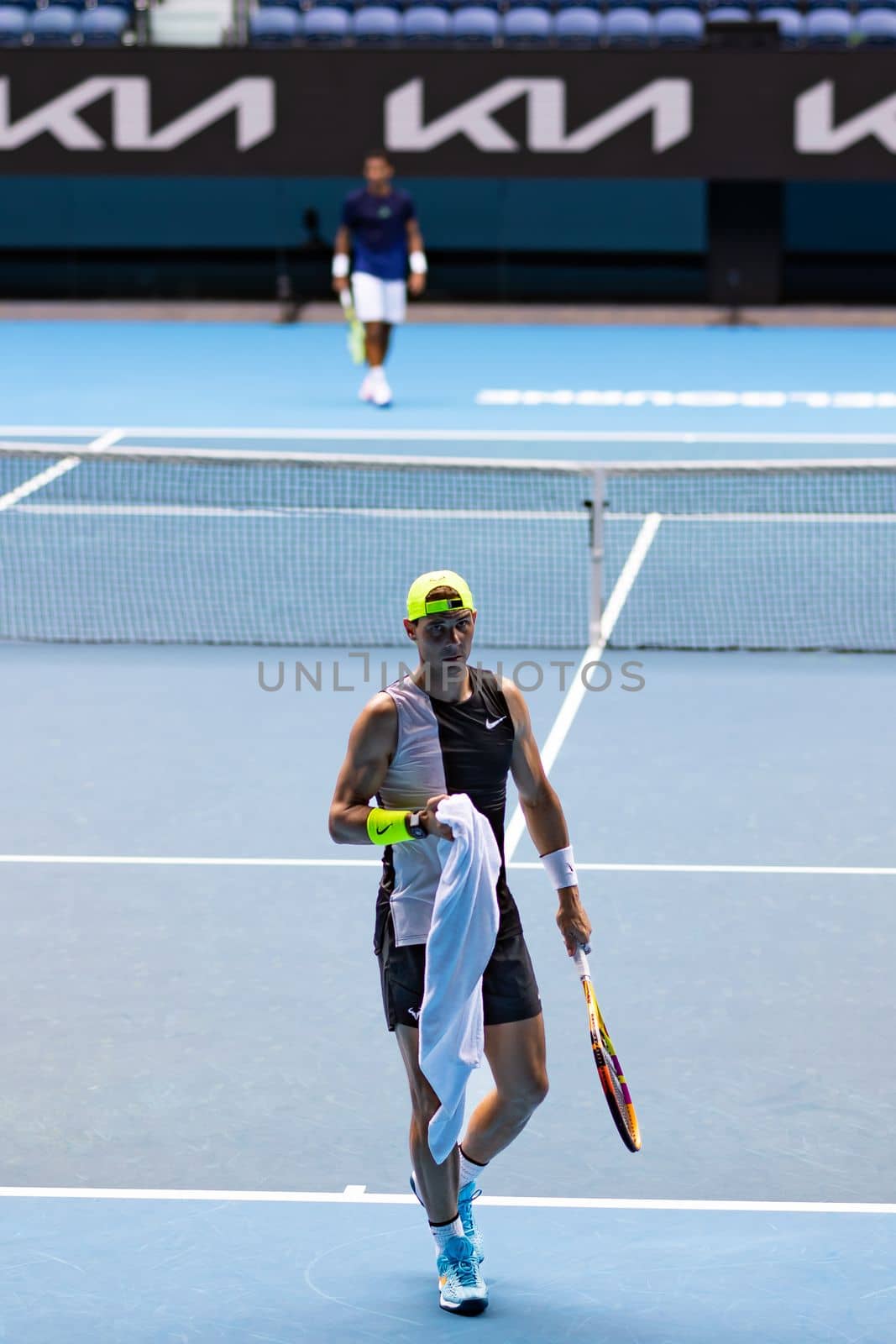 MELBOURNE, AUSTRALIA - JANUARY 13: Rafael Nadal of Spain practices ahead of the 2023 Australian Open at Melbourne Park on January 13, 2023 in Melbourne, Australia.