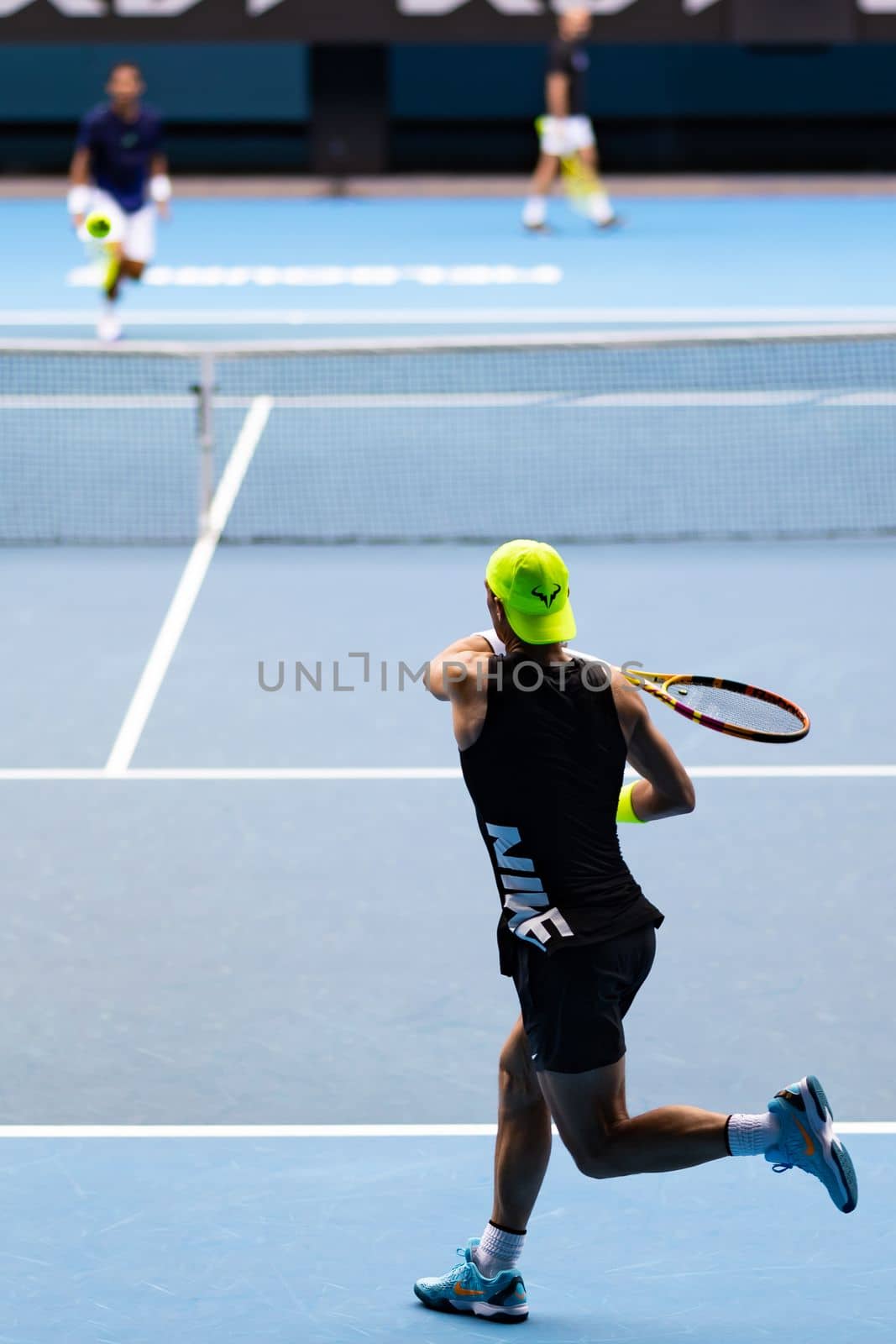 MELBOURNE, AUSTRALIA - JANUARY 13: Rafael Nadal of Spain practices ahead of the 2023 Australian Open at Melbourne Park on January 13, 2023 in Melbourne, Australia.