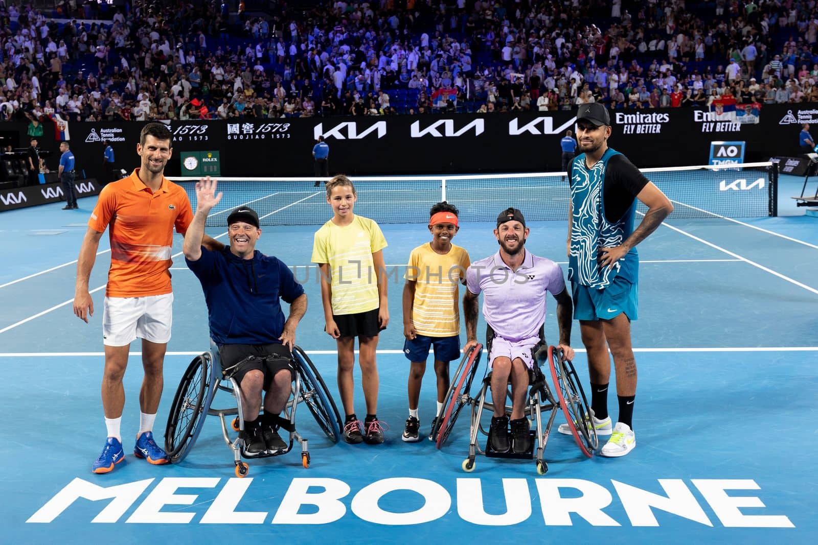 MELBOURNE, AUSTRALIA - JANUARY 13: Novak Djokovic, Nick Kyrgios, Thaadhie Karunanayake, Ana Maric, Heath Davidson and David Wagner after playing an Arena Showdown charity match ahead of the 2023 Australian Open at Melbourne Park on January 13, 2023 in Melbourne, Australia.