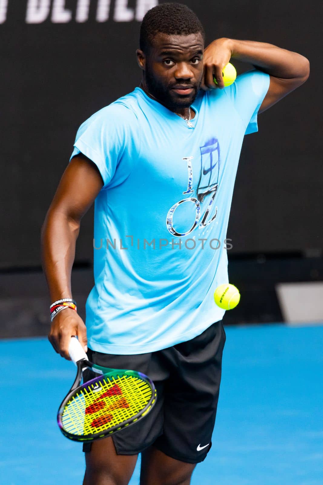 MELBOURNE, AUSTRALIA - JANUARY 13: Frances Tiafoe (USA) practices ahead of the 2023 Australian Open at Melbourne Park on January 13, 2023 in Melbourne, Australia.