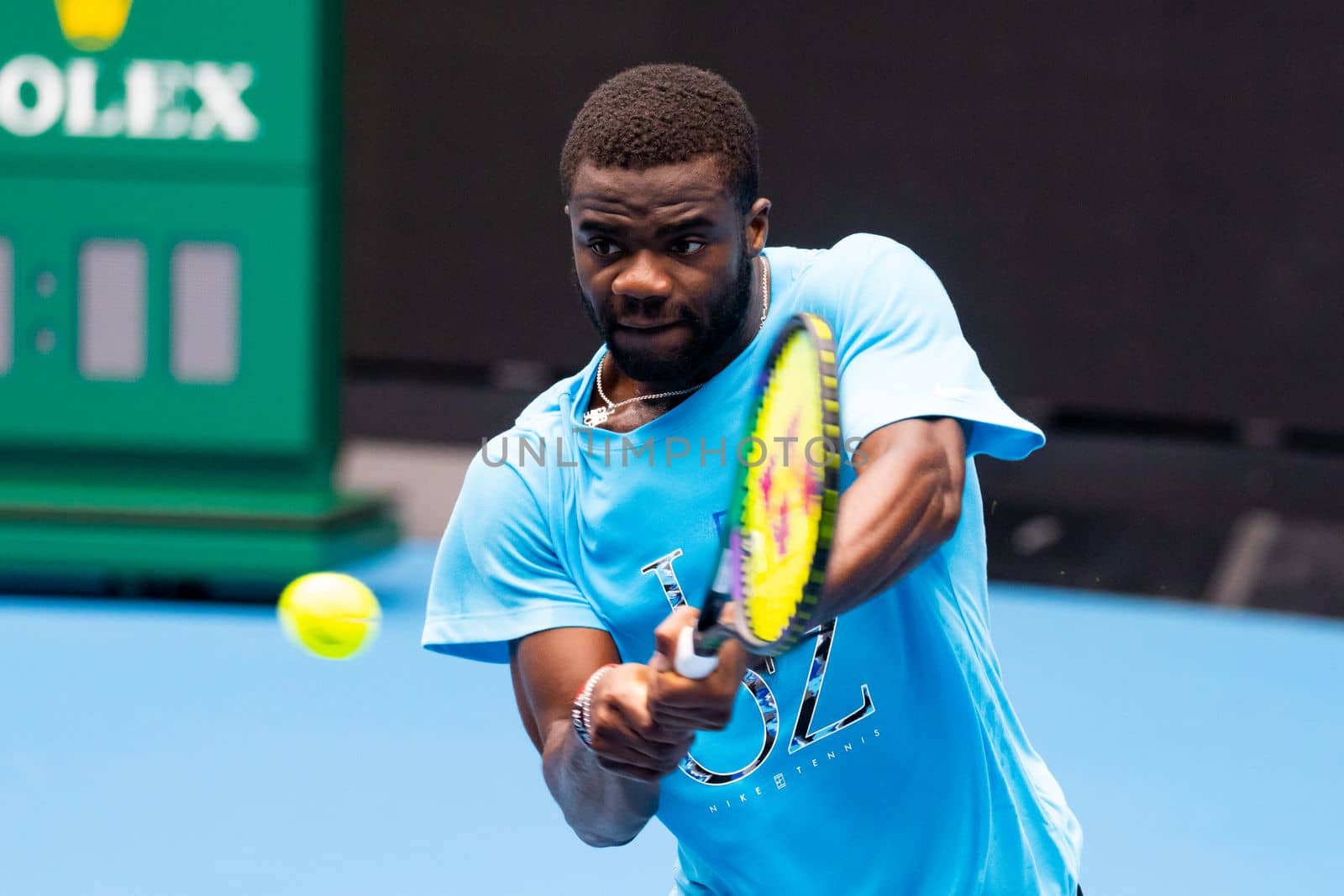 MELBOURNE, AUSTRALIA - JANUARY 13: Frances Tiafoe (USA) practices ahead of the 2023 Australian Open at Melbourne Park on January 13, 2023 in Melbourne, Australia.