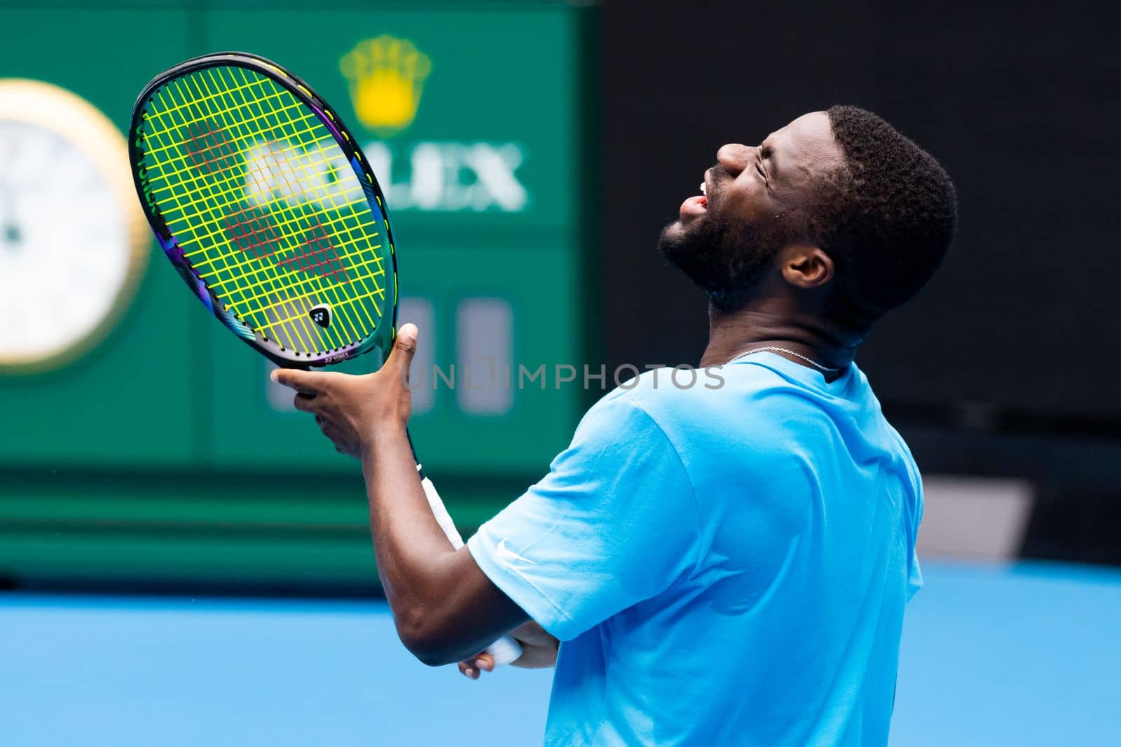 MELBOURNE, AUSTRALIA - JANUARY 13: Frances Tiafoe (USA) practices ahead of the 2023 Australian Open at Melbourne Park on January 13, 2023 in Melbourne, Australia.