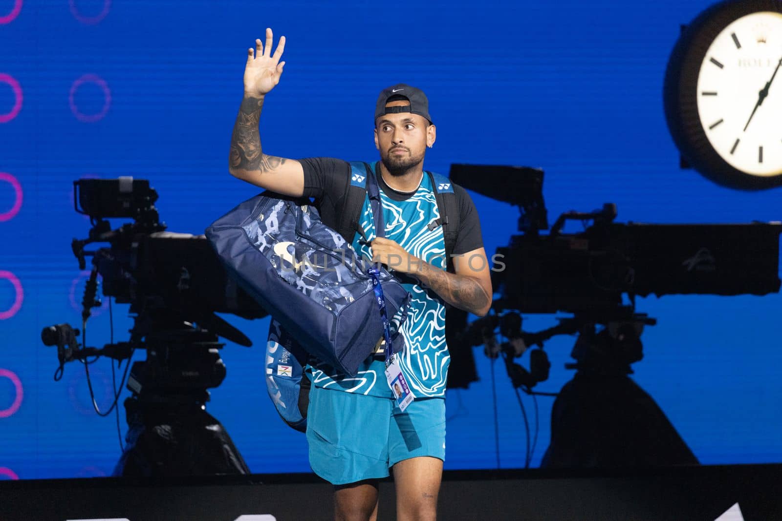 MELBOURNE, AUSTRALIA - JANUARY 13: Novak Djokovic of Serbia and Nick Kyrgios of Australia play an Arena Showdown charity match ahead of the 2023 Australian Open at Melbourne Park on January 13, 2023 in Melbourne, Australia.