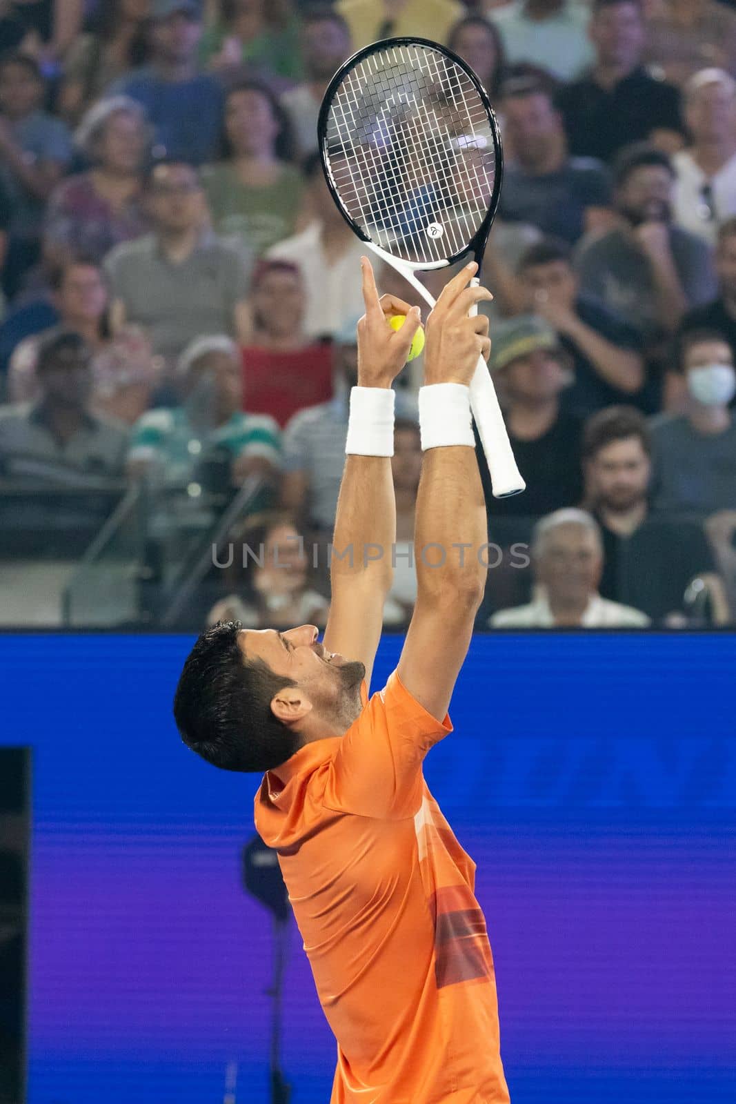 MELBOURNE, AUSTRALIA - JANUARY 13: Novak Djokovic of Serbia celebrates a point against Nick Kyrgios of Australia in an Arena Showdown charity match ahead of the 2023 Australian Open at Melbourne Park on January 13, 2023 in Melbourne, Australia.