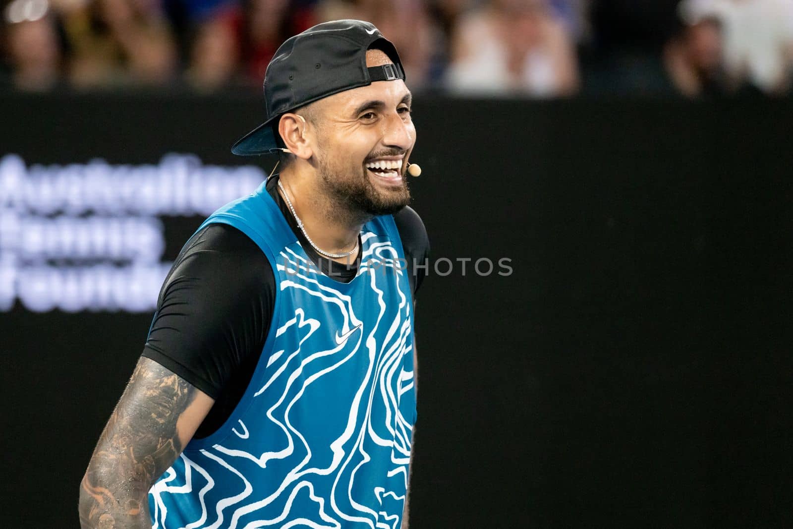 MELBOURNE, AUSTRALIA - JANUARY 13: Nick Kyrgios of Australia celebrates a point against Novak Djokovic of Serbia during an Arena Showdown charity match ahead of the 2023 Australian Open at Melbourne Park on January 13, 2023 in Melbourne, Australia.