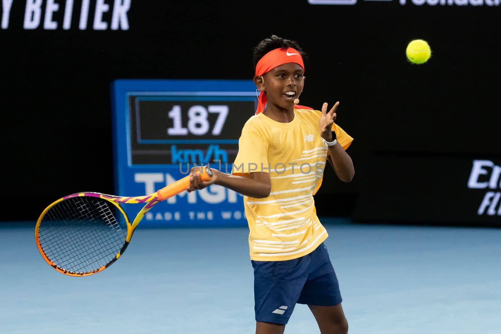 MELBOURNE, AUSTRALIA - JANUARY 13: Thaadhie Karunanayake plays against Novak Djokovic and Ana Maric in an Arena Showdown charity match ahead of the 2023 Australian Open at Melbourne Park on January 13, 2023 in Melbourne, Australia.