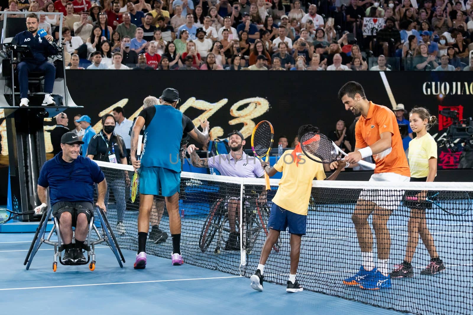 MELBOURNE, AUSTRALIA - JANUARY 13: Novak Djokovic, Nick Kyrgios, Thaadhie Karunanayake, Ana Maric, Heath Davidson and David Wagner after playing an Arena Showdown charity match ahead of the 2023 Australian Open at Melbourne Park on January 13, 2023 in Melbourne, Australia.