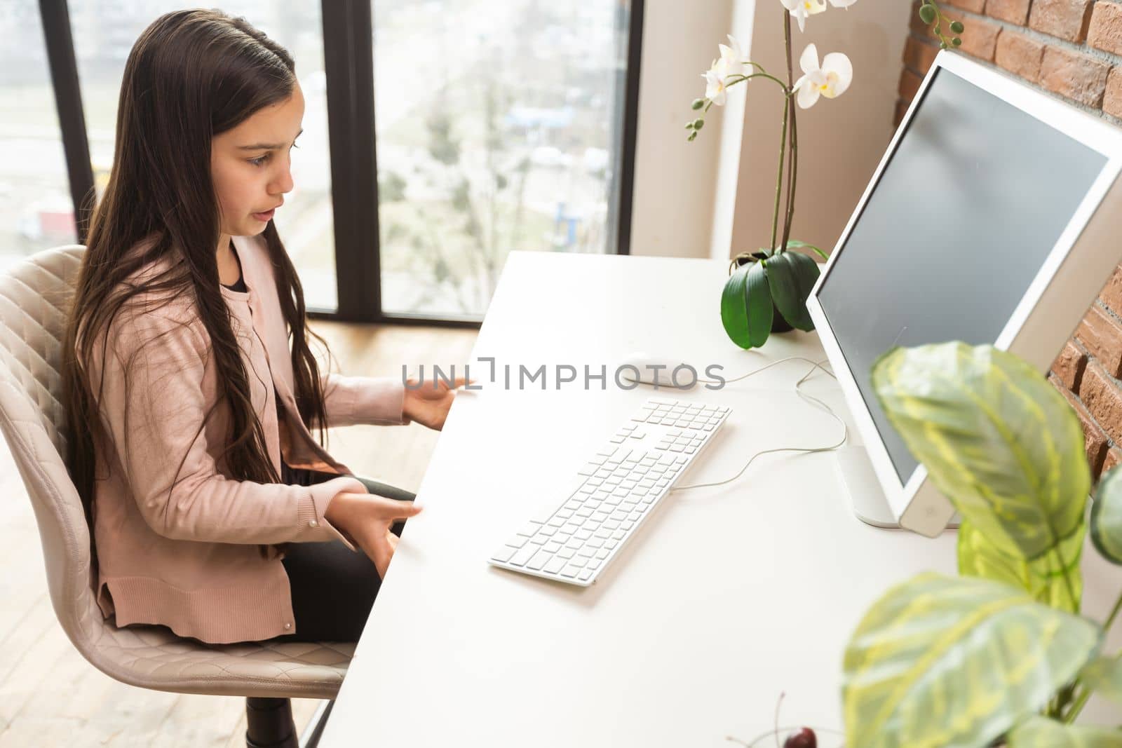 Smiling girl using laptop, student studying at home, digital education, teenager typing on computer browsing web, blogger influencer chatting online in social networks, woman working on pc in office
