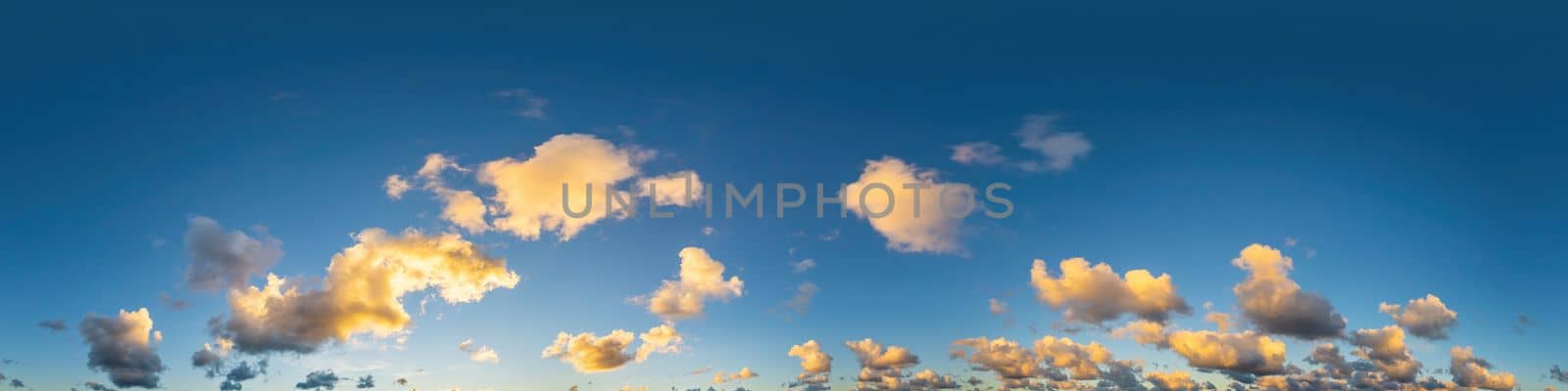 Sky panorama with Cirrus clouds in Seamless spherical equirectangular format. Full zenith for use in 3D graphics, game and editing aerial drone 360 degree panoramas for sky replacement