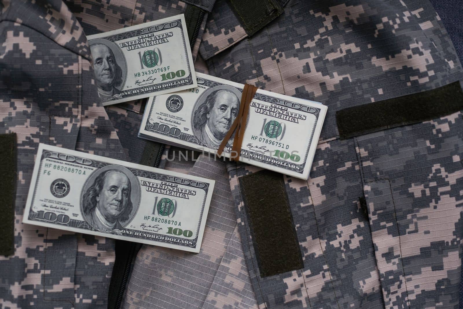 passports, money, military uniform texture of pixeled camouflage