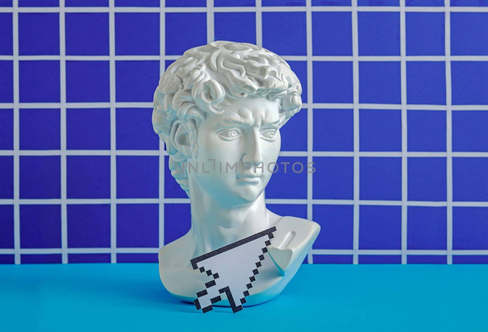 David statue head and arrow pixel mouse pointer interface. Minimal concept of NFT technologies of the future cyberpunk and vaporwave crypto technologies. High quality photo